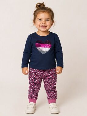 Navy Sequin Heart Kids Set w/ Pink Leopard Pants